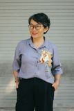  Áo chemise tay vuông xám thêu tay Tiểu Mã 