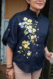  Áo linen thêu tay Hoa Dâu, cổ đứng cài tay,  xanh đen 