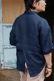  Áo linen thêu tay Hoa Dâu, cổ đứng cài tay,  xanh đen 