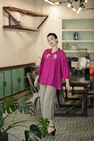  Áp ráp đô tròn Tím cẩm thêu tay Hoa Lục Bình 