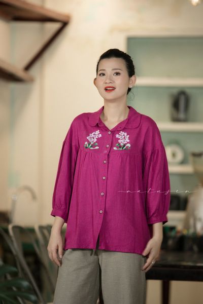  Áp ráp đô tròn Tím cẩm thêu tay Hoa Lục Bình 