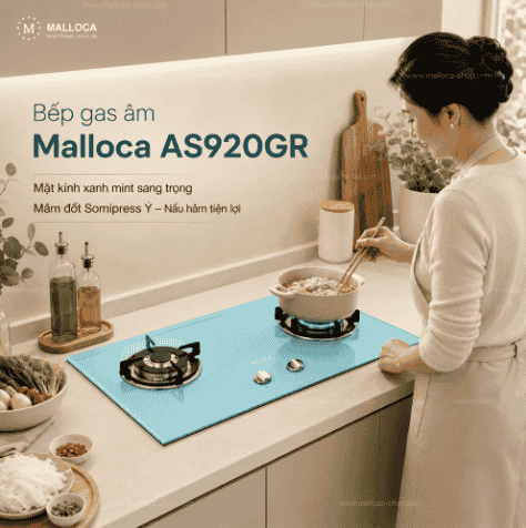 Bếp gas Malloca 2 vùng AS920GR – Bếp gas âm 75cm, mặt kính xanh mint