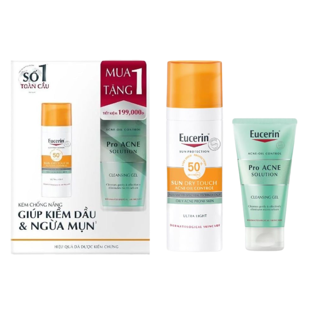  Combo Eucerin Kem Chống Nắng Kiềm Dầu, Ngừa Mụn SPF50+ 50ml + Gel Rửa Mặt Cho Da Mụn Pro Acne Cleansing Gel 75ml 