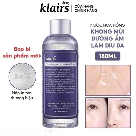  Nước Hoa Hồng Không Mùi Dưỡng Ẩm Làm Dịu Da Klairs Supple Preparation Unscented Toner 180ml. 