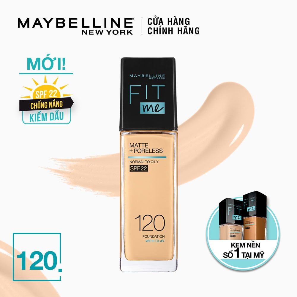  Kem Nền Mịn Nhẹ Kiềm Dầu Chống Nắng Maybelline Fit Me Matte Poreless Foundation SPF22 #120 Classic Ivory 30ml 