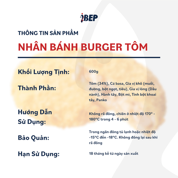 Bánh nhân burger tôm đông lạnh iBep - Gói 600gr/10 bánh