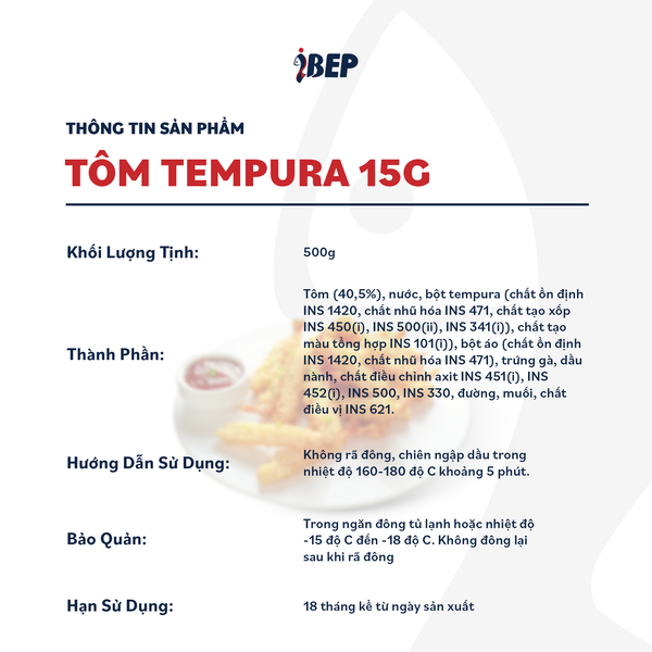 Tôm chiên tempura iBep - Gói 500gr - Mỗi con 15g