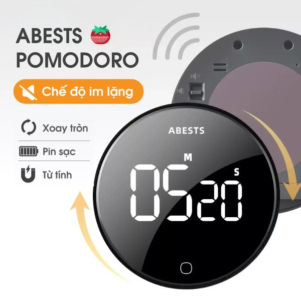Đồng hồ pomodoro điện tử Abests đồng hồ hẹn giờ đếm ngược điều chỉnh âm lượng chế độ im lặng sạc Type-C