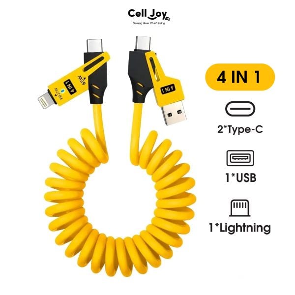 Cáp sạc nhanh lò xo 4 IN 1 Cell Joy công suất 65W dùng cho xe oto