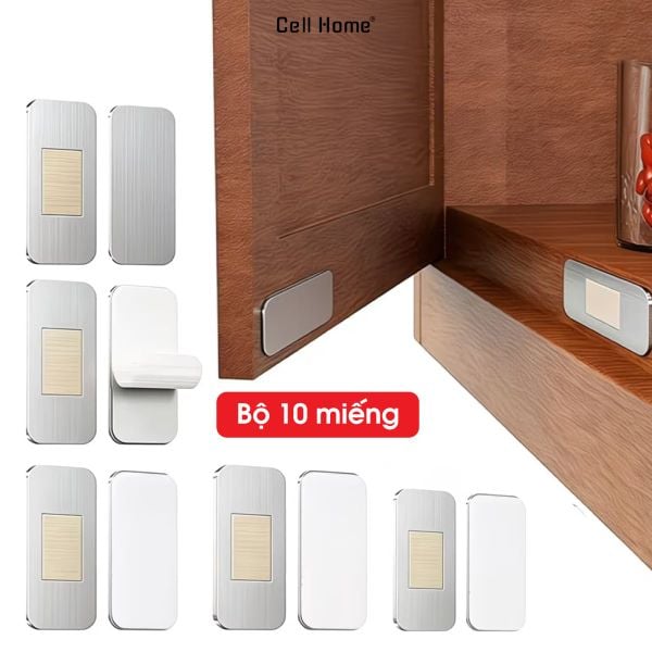 Bộ 10 miếng (5 cặp) nam châm hít cửa tủ siêu mỏng inox thép không gỉ, chốt cửa tủ quần áo, tủ bếp không cần khoan đục