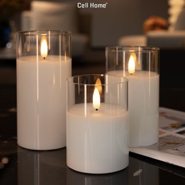 Đèn nến LED nến điện tử tim lắc siêu thực decor nhà cửa (set 3 cây lệch tầng, kèm remote)