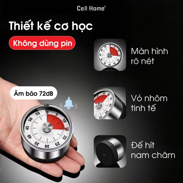 Đồng hồ đếm ngược pomodoro cơ học không cần pin gắn từ tính nam châm chất liệu nhôm cao cấp