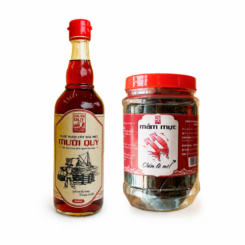 Combo 01 Chai Nước Mắm Cốt Nhỉ Đặc Biệt 500ml (ủ 2 năm) & 1 Hũ Mắm Mực Sữa Mino 500gr - Mười Quý Quảng Ngãi