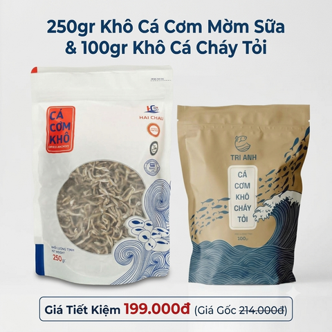 Combo 01 Túi Khô Cá Cơm Mờm Sữa 250gr & 01 Túi Khô Cá Cơm Cháy Tỏi 100gr (Hải Châu - Kiên Giang)