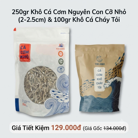Combo 1 Túi Khô Cá Cơm Nguyên Con (cỡ nhỏ) 250gr & 01 Túi Khô Cá Cơm Cháy Tỏi 100gr (Hải Châu - Kiên Giang)