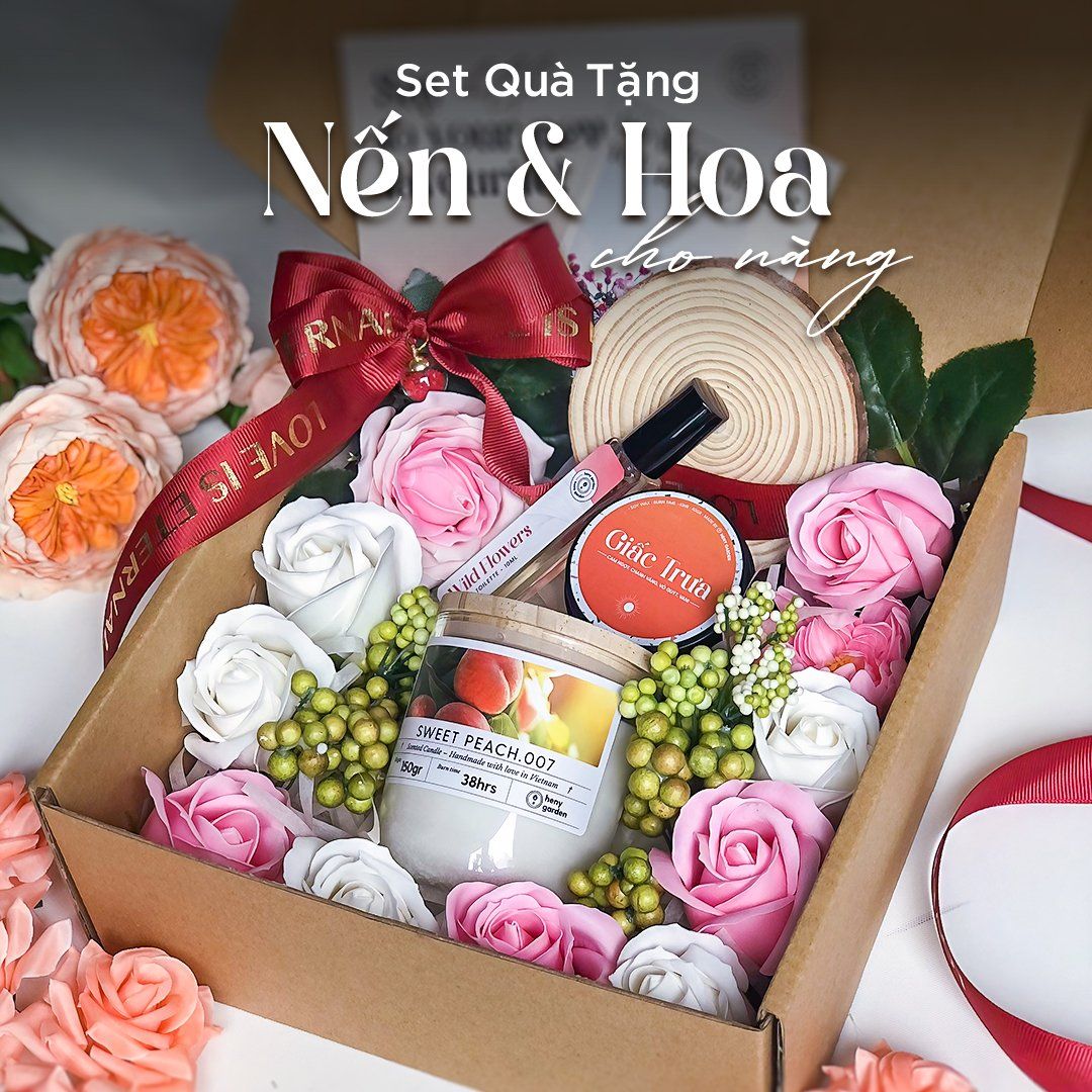 Set Quà Tặng 8/3 Valentine 14/2 Nến Thơm và Hoa Hồng HENY GARDEN