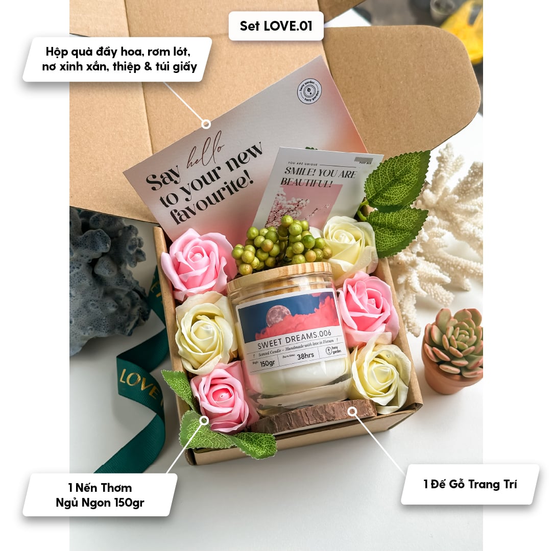 Set Quà Tặng Valentine 14/2 8/3 Nến Thơm và Hoa Hồng HENY GARDEN