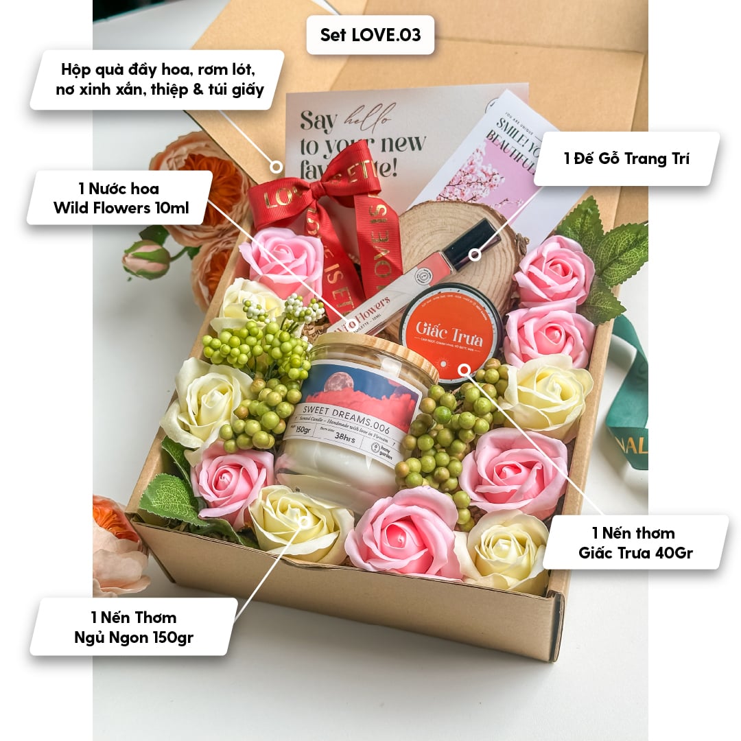 Set Quà Tặng Valentine 14/2 8/3 Nến Thơm và Hoa Hồng HENY GARDEN