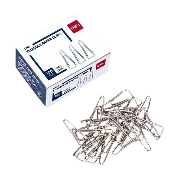  Hộp 100 Cái Kep Giấy Tam Giác - Deli - Màu Bạc - EZ040 