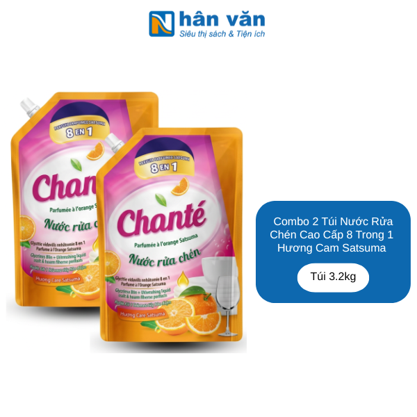 Combo 2 Túi Nước Rửa Chén Chanté Cao Cấp 8 Trong 1 Hương Cam Satsuma Túi 3.2kg - nhanvan.vn