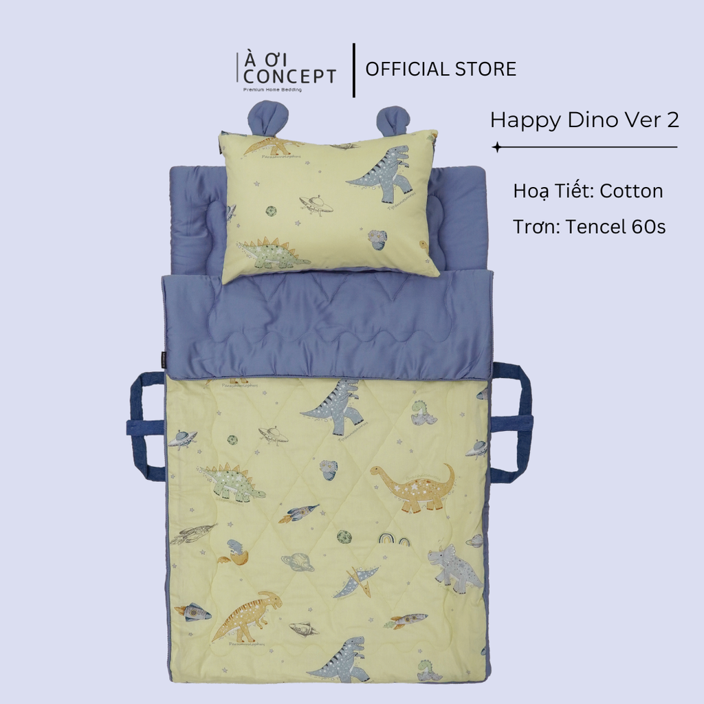 Bộ chăn gối nệm cho bé Tencel 60s, Họa tiết Cotton [ Happy Dino Ver 2] À ƠI CONCEPT CGCB00012