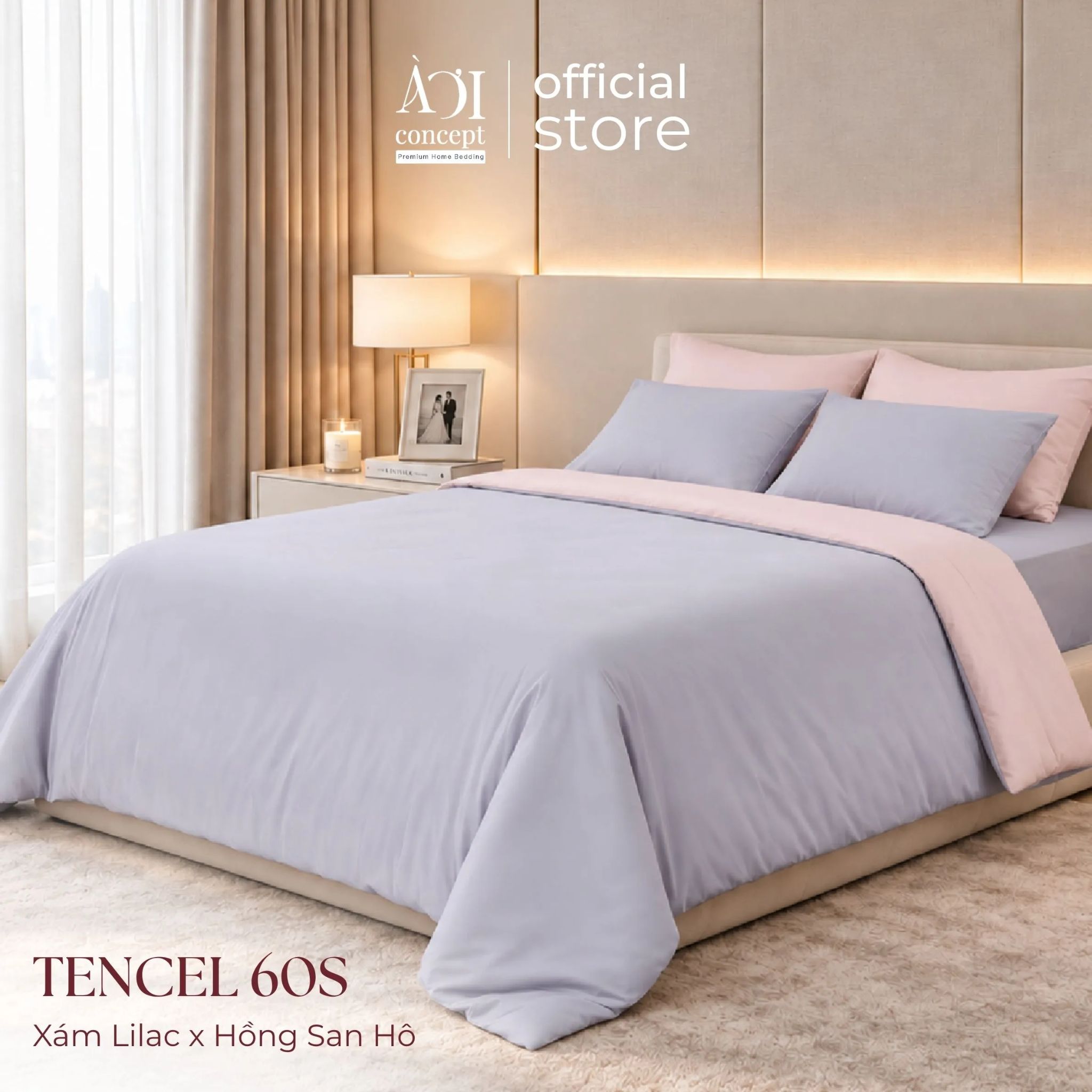  Bộ chăn ga gối Tencel 60s Bright Harmony [Xám Lilac x Hồng San Hô] À ƠI CONCEPT 