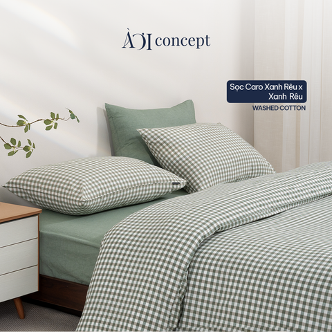  Bộ chăn ga gối 5 món Cotton Satin [ Sọc caro xanh rêu] À ƠI CONCEPT GGCT0005 