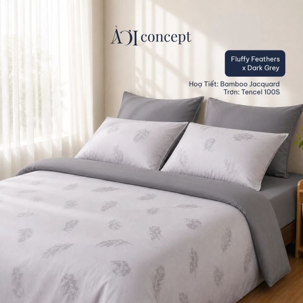  Bộ chăn ga gối | Tencel dệt kim | 5 món | Từ 1m2 - 2m2 | Fluffy Feathers x Dark Grey | Mềm mại, Kháng khuẩn, Thấm hút 
