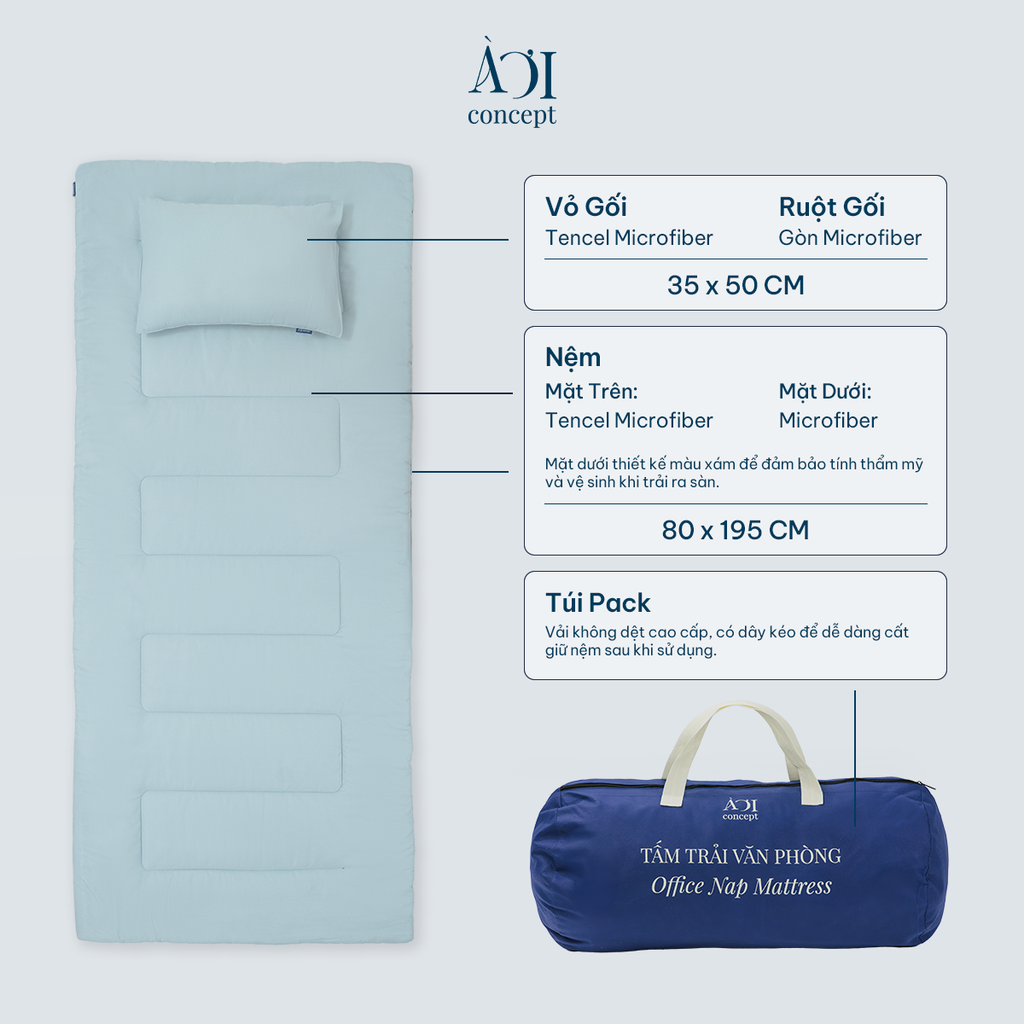 Tấm chiếu ngủ văn phòng Tencel Microfiber 80x195 – Gấp gọn, mềm mát, dễ giặt À Ơi Concept CNVP0001