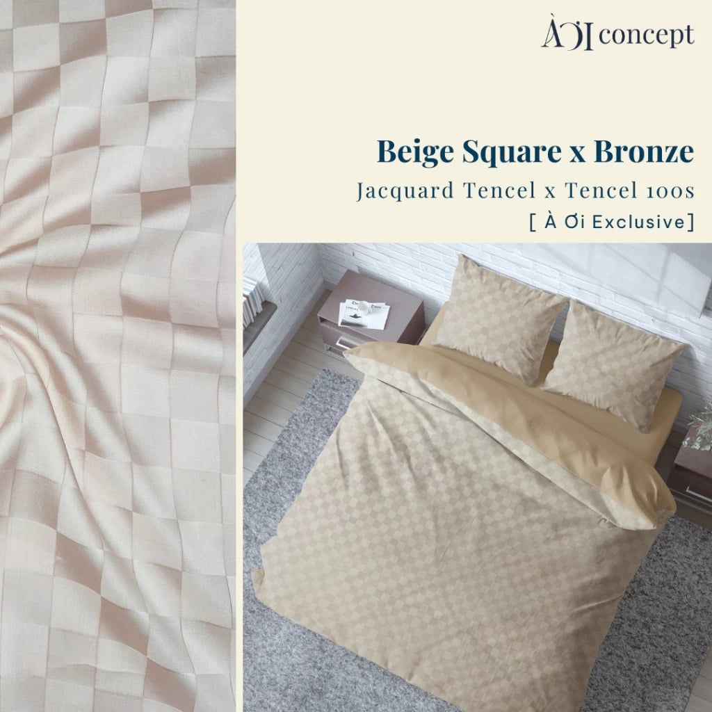 Bộ chăn ga gối | Tencel dệt kim | 5 món |  Beige Square x Bronze