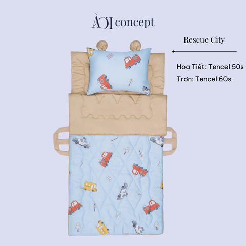 Bộ chăn gối nệm cho bé Tencel 60s, Họa tiết Tencel 50s [ Rescue City ] 