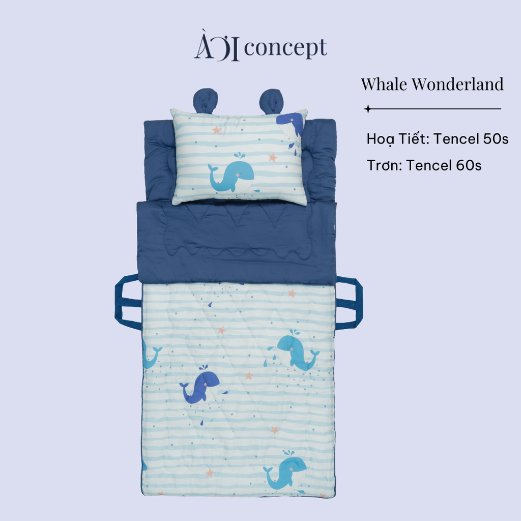 Bộ chăn gối nệm cho bé Tencel 60s, Họa tiết Tencel 50s [ Whale Wonderland ]