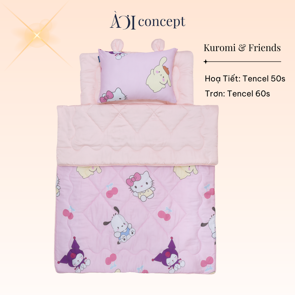Bộ chăn gối nệm cho bé ( Mền lớn) Tencel 60s, Họa tiết Tencel 50s [ Kuromi & Friends ]