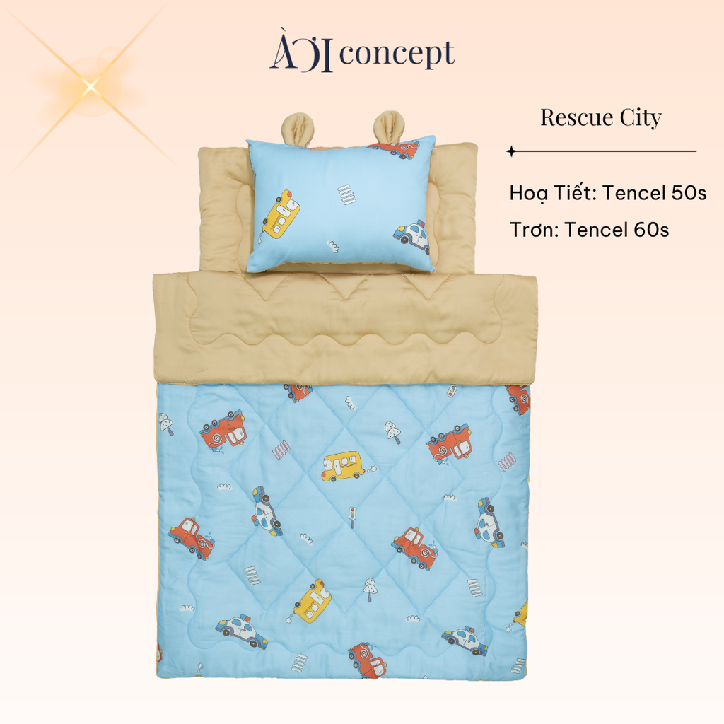 Bộ chăn gối nệm cho bé ( Mền lớn) Tencel 60s, Họa tiết Tencel 50s [ Rescue City ]
