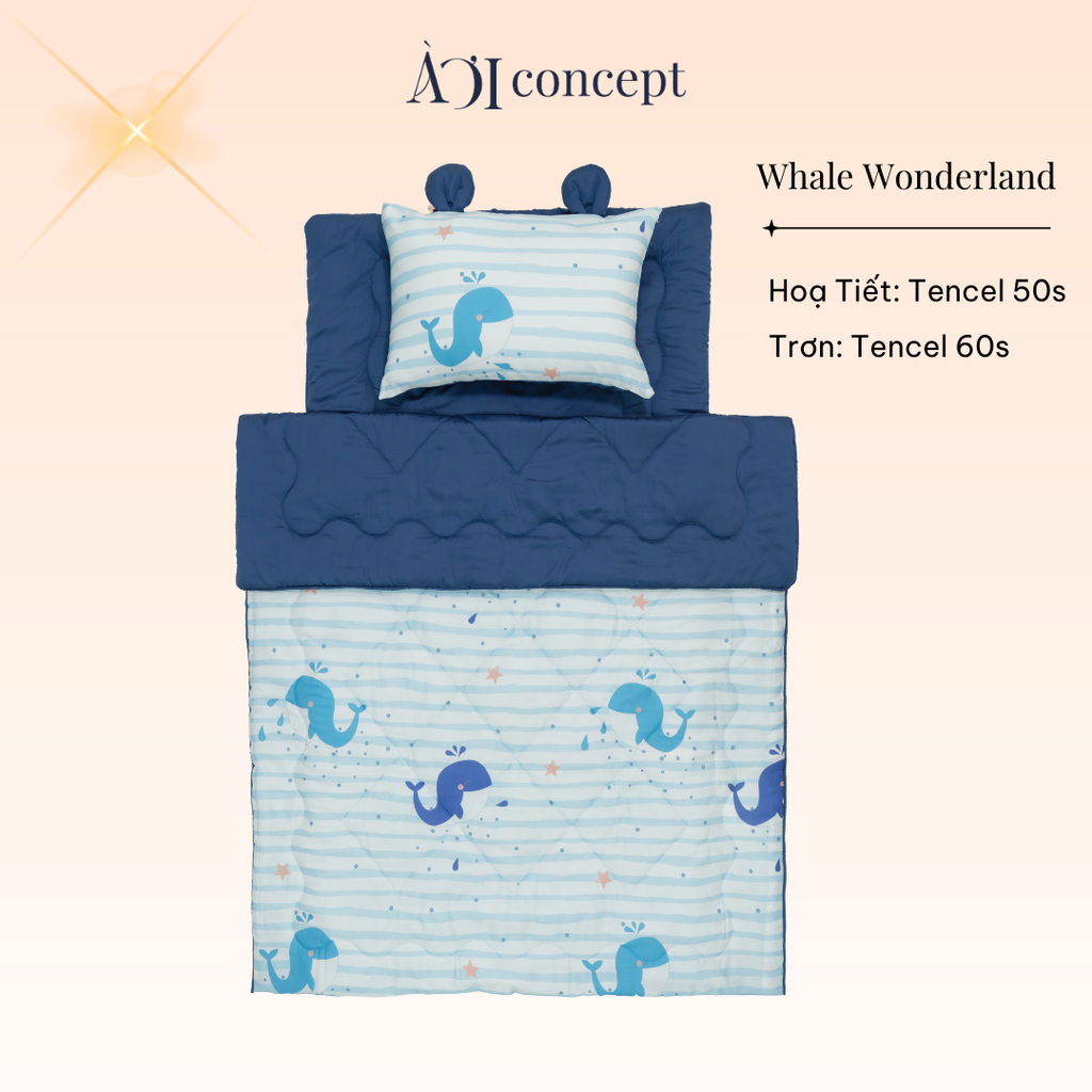 Bộ chăn gối nệm cho bé ( Mền lớn) Tencel 60s, Họa tiết Tencel 50s [ Whale Wonderland ]