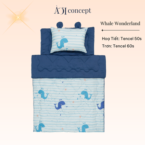  Bộ chăn gối nệm cho bé ( Mền lớn) Tencel 60s, Họa tiết Tencel 50s [ Whale Wonderland ] 