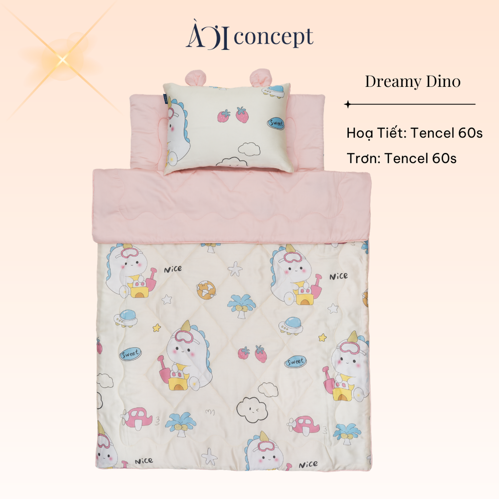 Bộ chăn gối nệm cho bé ( Mền lớn) Tencel 60s [ Dreamy Dino ]