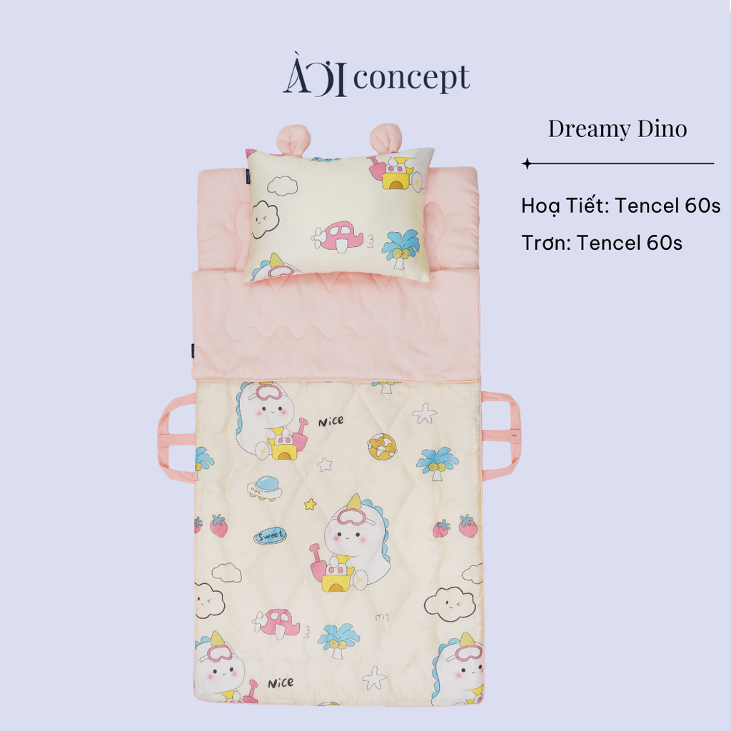 Bộ chăn gối nệm cho bé Tencel 60s, Họa tiết [ Dreamy Dino]