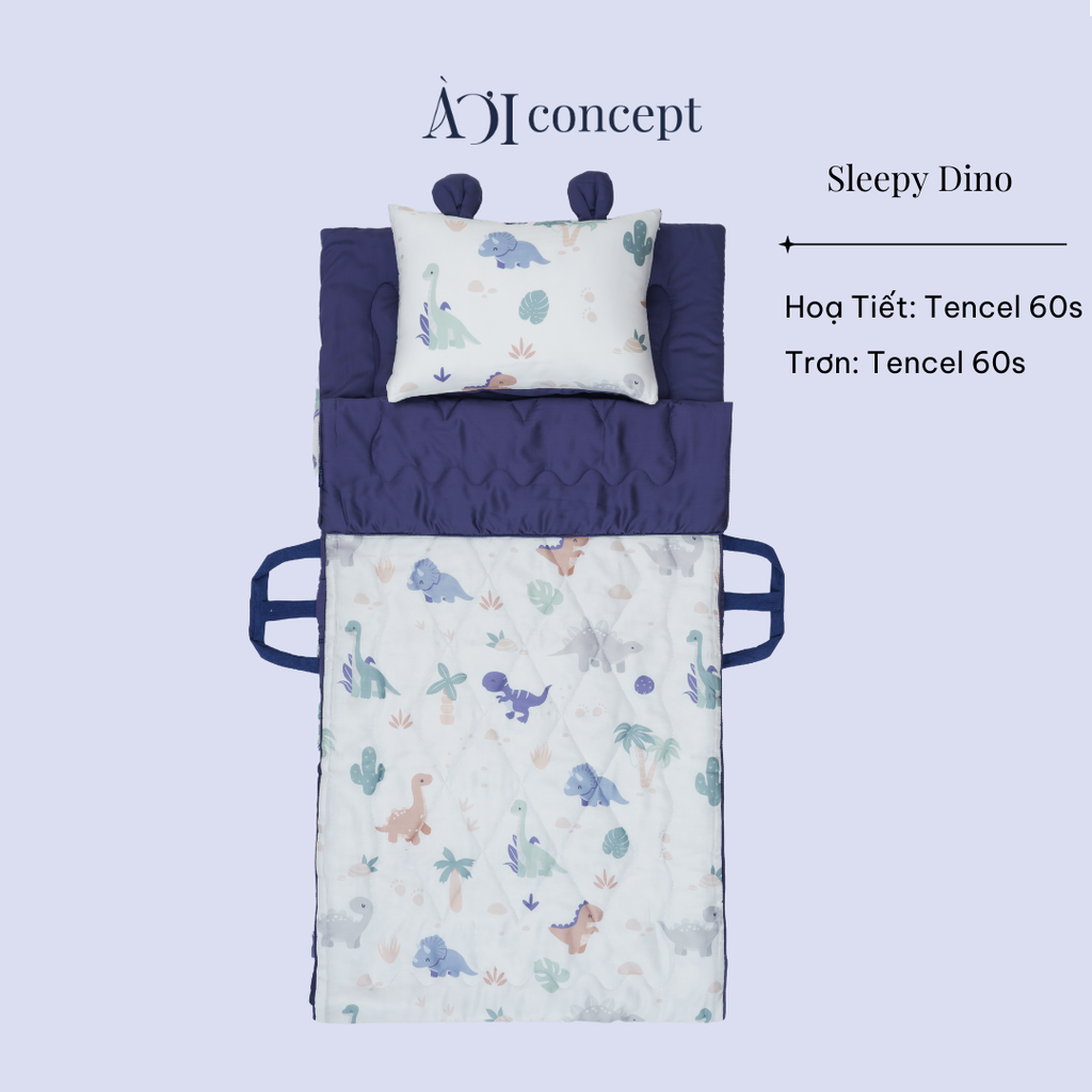 Bộ chăn gối nệm cho bé Tencel 60s, Họa tiết [ Sleepy Dino ]