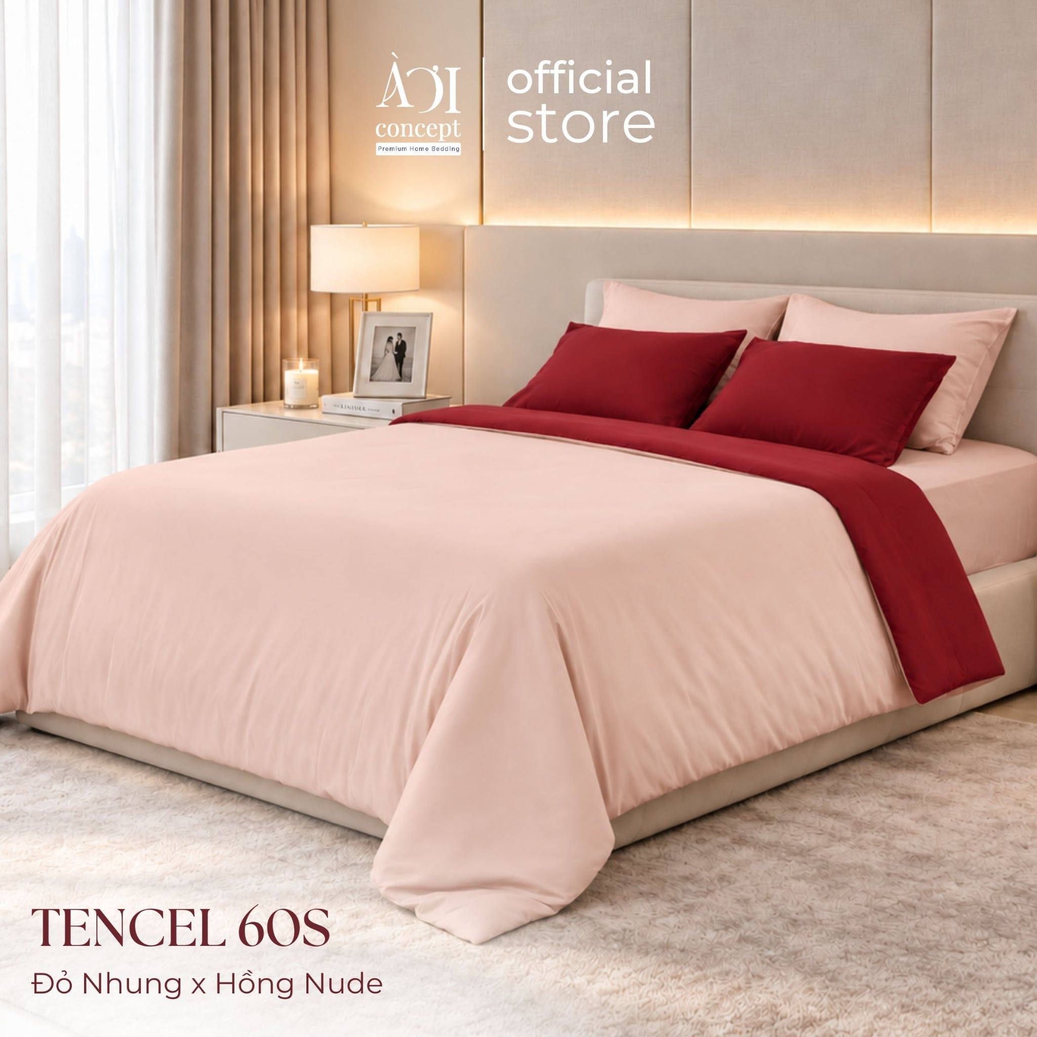  Bộ chăn ga gối Tencel 60s Ardent Love [Đỏ Nhung x Hồng Nude] À ƠI CONCEPT 