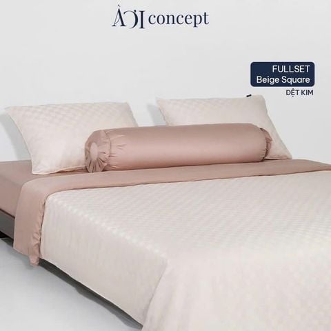 Bộ chăn ga gối | Tencel dệt kim | 5 món | 160x200cm, 180x200cm, 200x220cm | Beige Square x Nâu Sữa | Mềm mại, Kháng khuẩn, Thấm hút | CGDK0022 | À Ơi Concept 