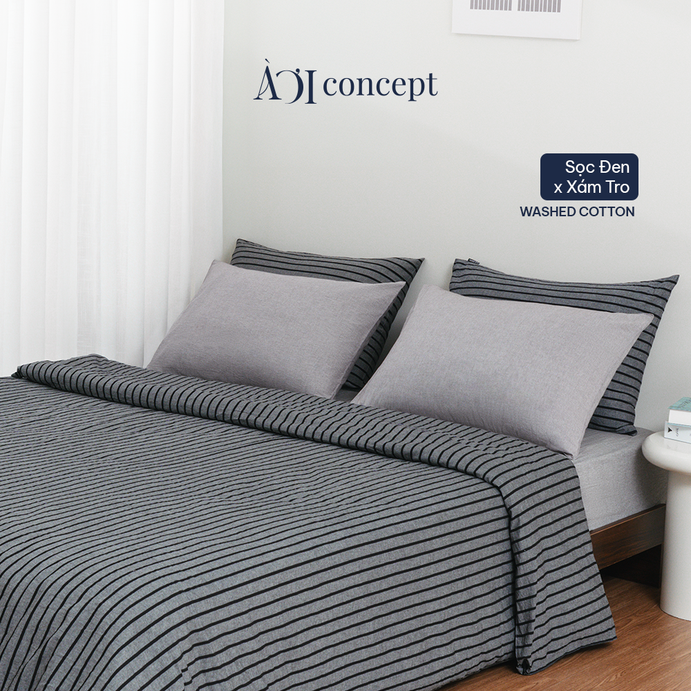 Bộ chăn ga gối 5 món Washed Cotton [ Đen sọc xám] À ƠI CONCEPT GGCT0003