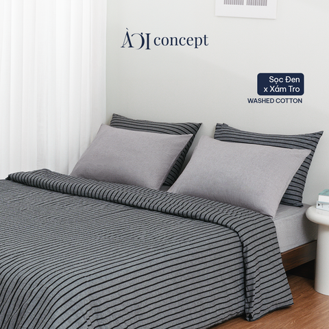  Bộ chăn ga gối 5 món Cotton Satin [ Đen sọc xám] À ƠI CONCEPT GGCT0003 