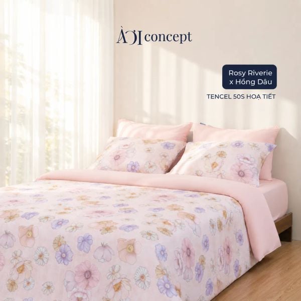  Bộ chăn ga gối 5 món Hoạ Tiết | Tencel 50s [ Rosy Riverie ] À Ơi Concept 