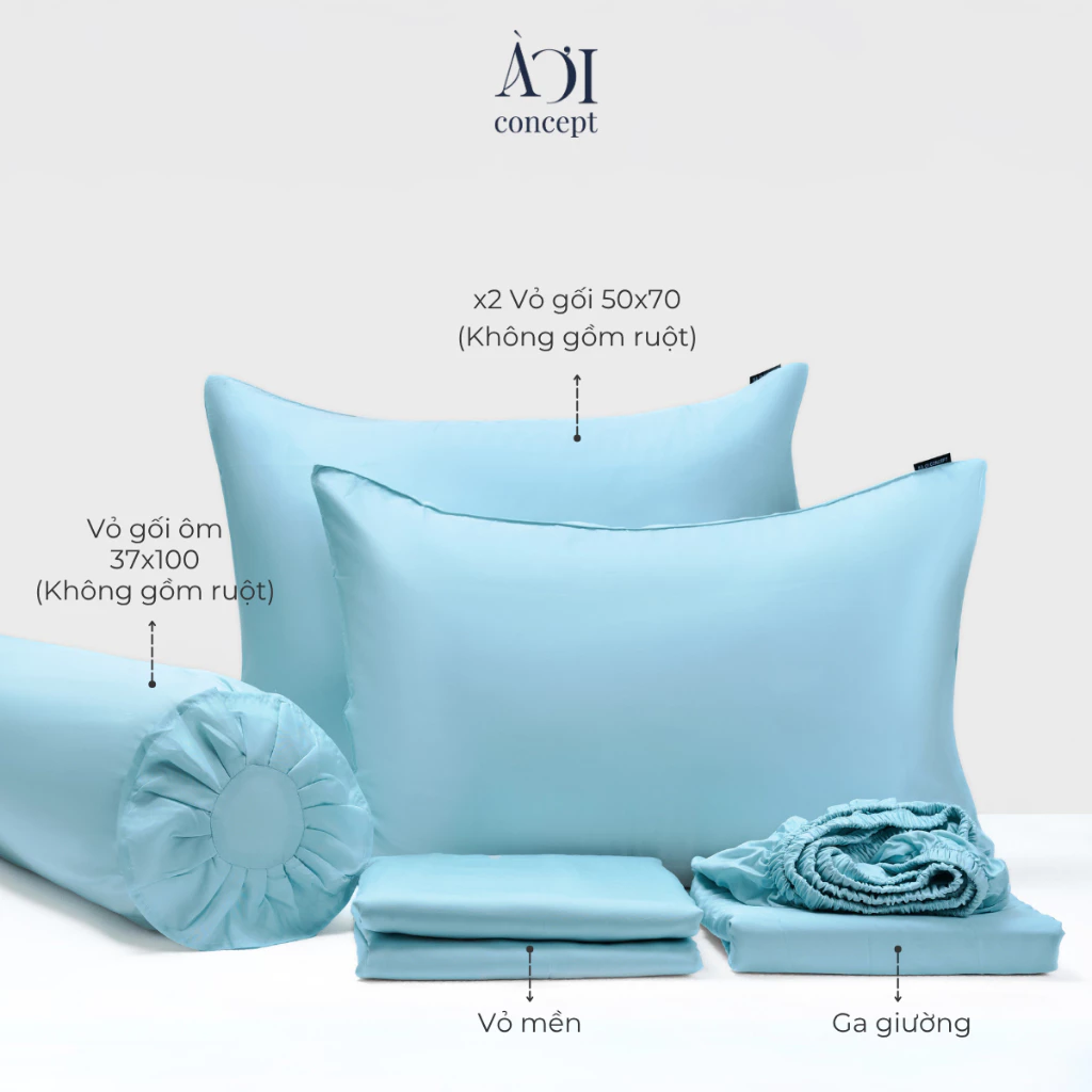 Bộ chăn ga gối 5 món Tencel 50s [ Xanh Ngọc Nhạt] À Ơi Concept BCGG00018