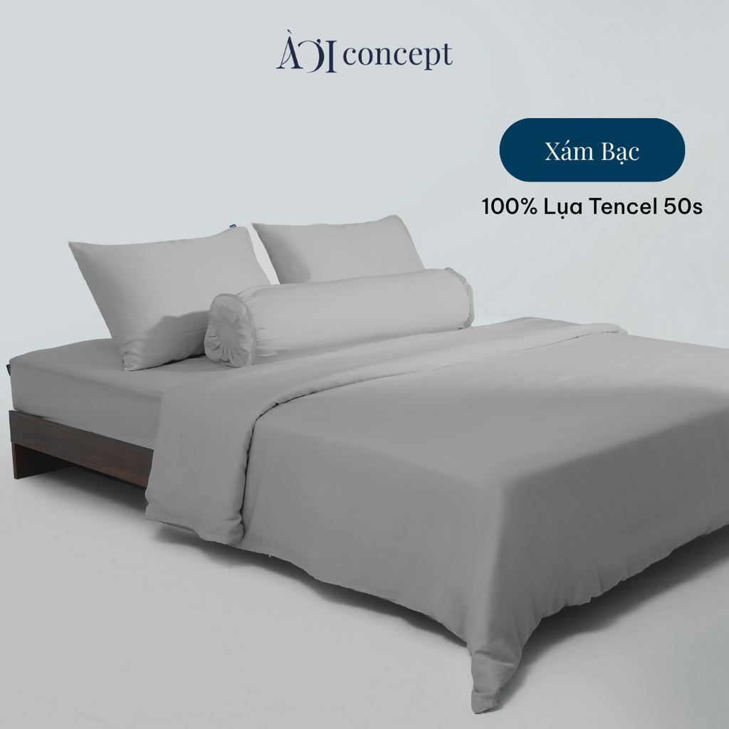 Bộ chăn ga gối 5 món Tencel 50s [ Xám Bạc] À Ơi Concept BCGG00017