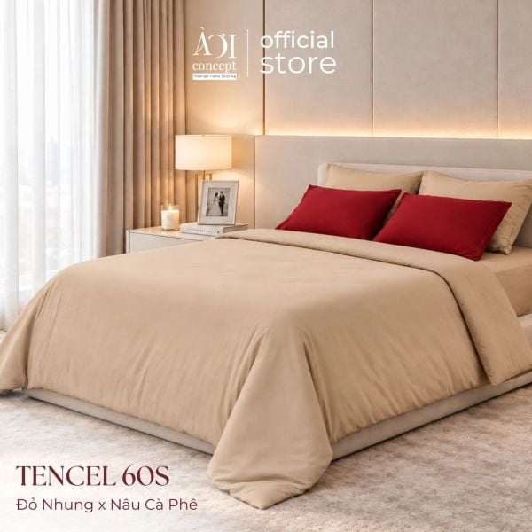  Bộ chăn ga gối Tencel 60s Pure Romance [Đỏ Nhung x Nâu Cà Phê] À ƠI CONCEPT 