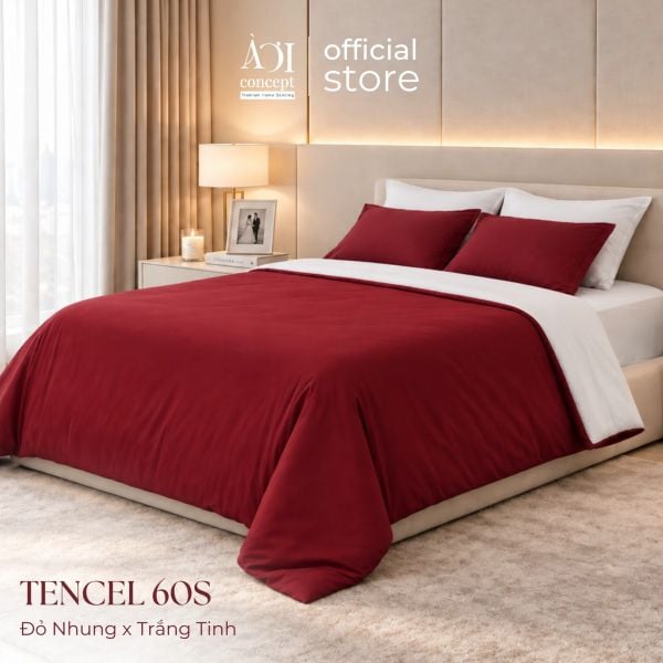  Bộ chăn ga gối Tencel 60s Velvet Embrace [Đỏ Nhung x Trắng Tinh] À ƠI CONCEPT 