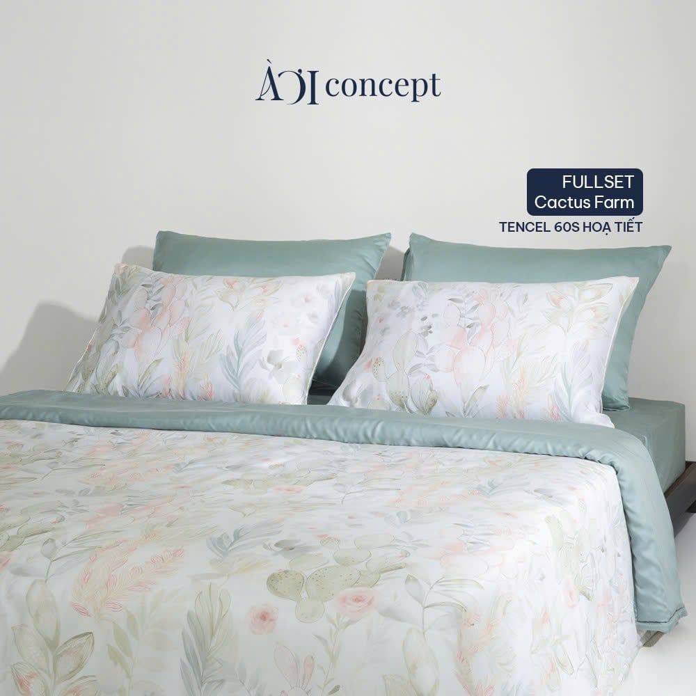 Bộ chăn ga gối Tencel 60s, họa tiết [ Cactus Farm] À ƠI CONCEPT CGHT005