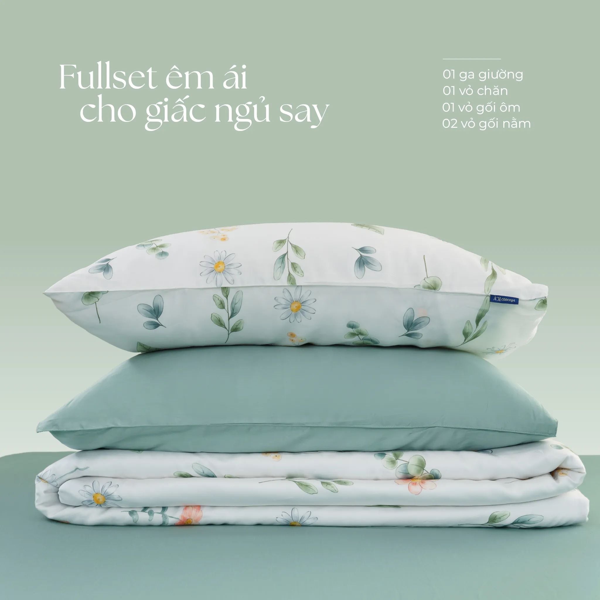  Bộ chăn ga gối Tencel 60s, họa tiết [Fleur Sage] À ƠI CONCEPT 
